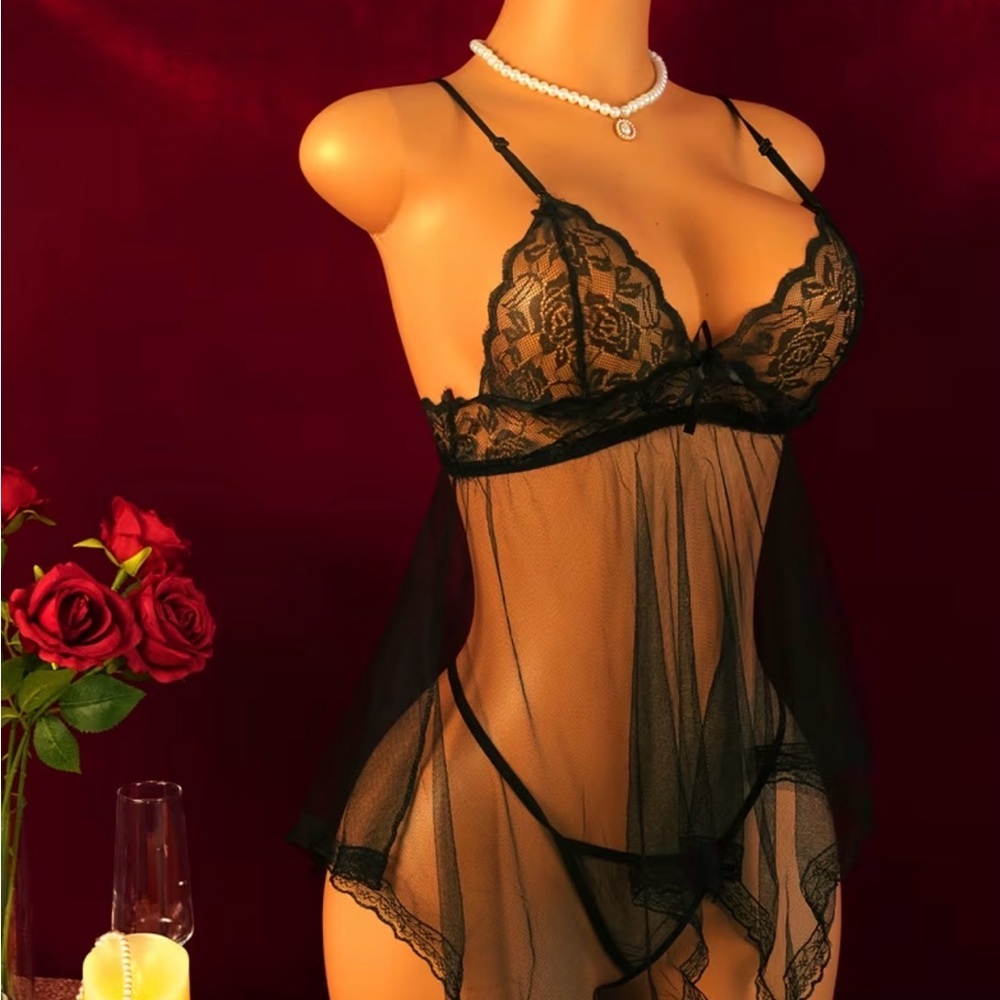 Sheer Lace Babydoll Nightdress with Matching Thong - Black